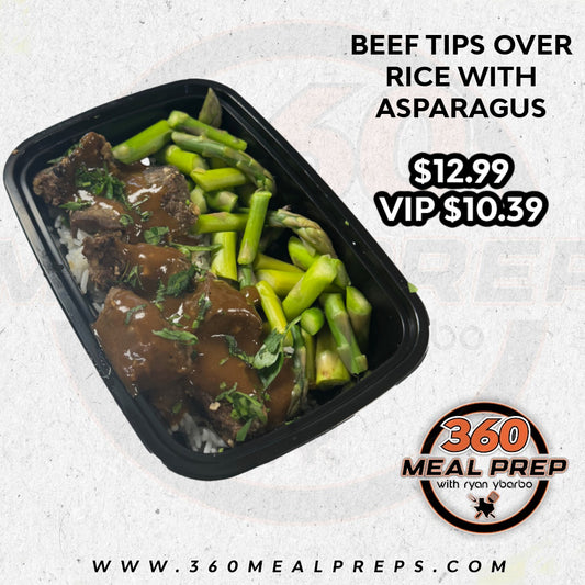 Beef Tips over Rice with Asparagus