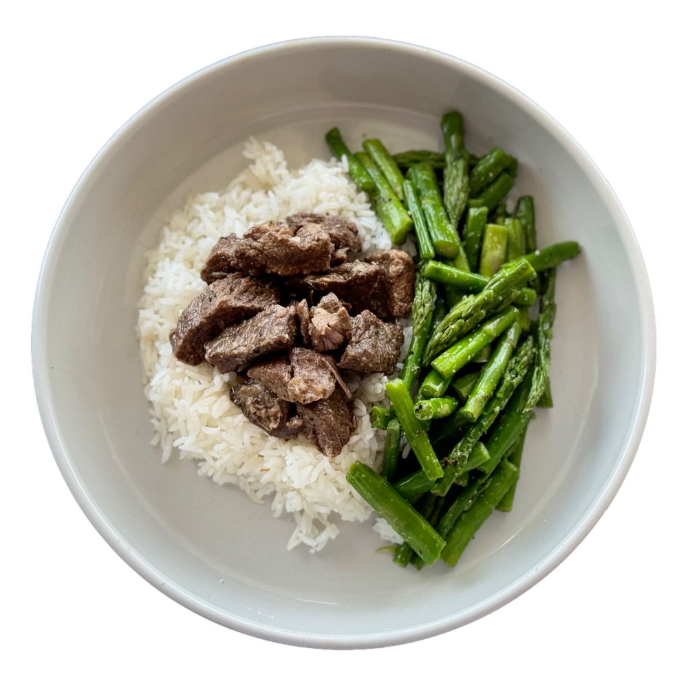 Beef Tips over Rice with Asparagus