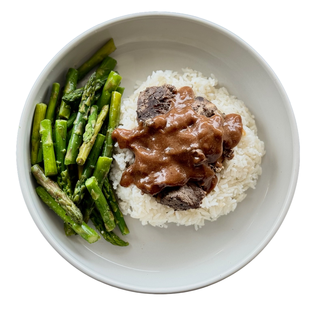 Beef Tips over Rice with Asparagus